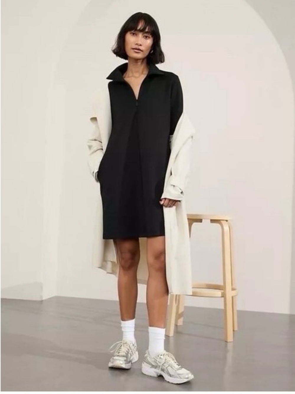 Athleta Allure Black Long-Sleeve Collared Shift Dress